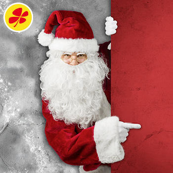 Grafik zur Nikolaus-Sonderauslosung von Lotto 6aus49 am 3. und 6. Dezember: Ein als Weihnachtsmann verkleideter Mann zieht an einem großen roten Stoff, oben steht der Titel der Sonderauslosung.