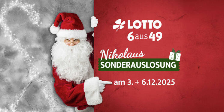 Grafik zur Nikolaus-Sonderauslosung von Lotto 6aus49 am 3. und 6. Dezember: Ein als Weihnachtsmann verkleideter Mann zieht an einem großen roten Stoff, oben steht der Titel der Sonderauslosung.